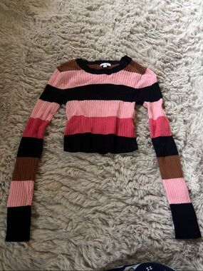 Striped Ribbed Cropped Sweater in Pink, Black & Brown